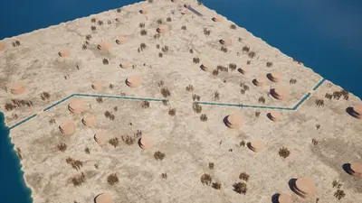 Vista aérea do mapa Mesas, com platôs e um rio